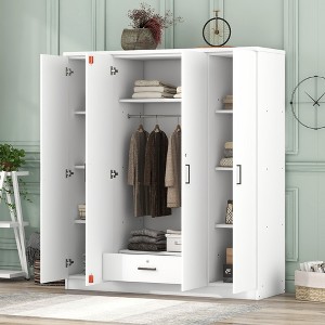 TIRAMISUBEST 4-Door Wardrobe with 1 Storage Drawer and Hanging Rod, Modern Bedroom Armoire Closet with Storage Shelves - 1 of 4