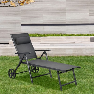 Costway  Patio Lounge Chair W/ Wheels Neck Pillow Aluminum Frame Adjustable