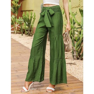 Women's Elastic Smocked Loose Wide Leg High Waist Pants  With Belt - 1 of 4