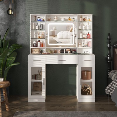43.4inch Makeup Vanity Table with Lighted Mirror & Power Strip, 3 Lighting Colors, White