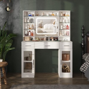 43.4inch Makeup Vanity Table with Lighted Mirror & Power Strip, 3 Lighting Colors, White - 1 of 4