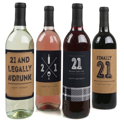 Big Dot of Happiness Finally 21 - Birthday Gift For Men - Wine Bottle Label Stickers - Set of 4