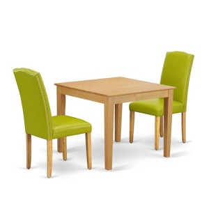 Square Dining Set 3Pc Table & Chairs - Green PU Leather - Oak Legs - 36 Inch - Home Kitchen Furniture - 1 of 4