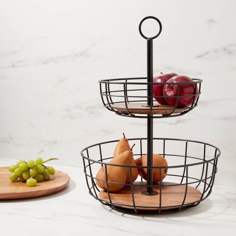 Iron and Mangowood Wire 2-Tier Fruit Basket Black - Threshold&#8482;, 3 of 11