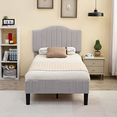 VECELO Bed Frame, Upholstered Platform Bed with Sheepskin Fabric Adjustable Headboard