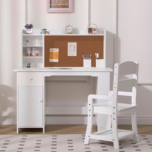 Acekool Kids Desk and Chair Set with Bookshelf, Bulletin Board, Cabinet & Drawer, Wooden Study Table for Ages 3-8, White - 1 of 4