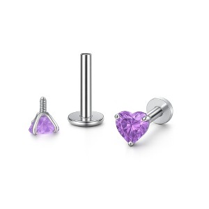 Small Heart Solitaire Flat Back Stud Earrings Body Piercings by Ginger Lyne 2 Sets 3mm CZ Stainless Steel 16g 6mm and 8mm Lengths - 1 of 4