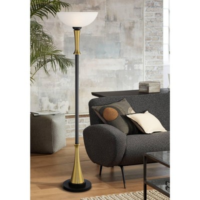 Art Deco Inspired Black Brass Torchiere Floor Lamp with Frosted Glass