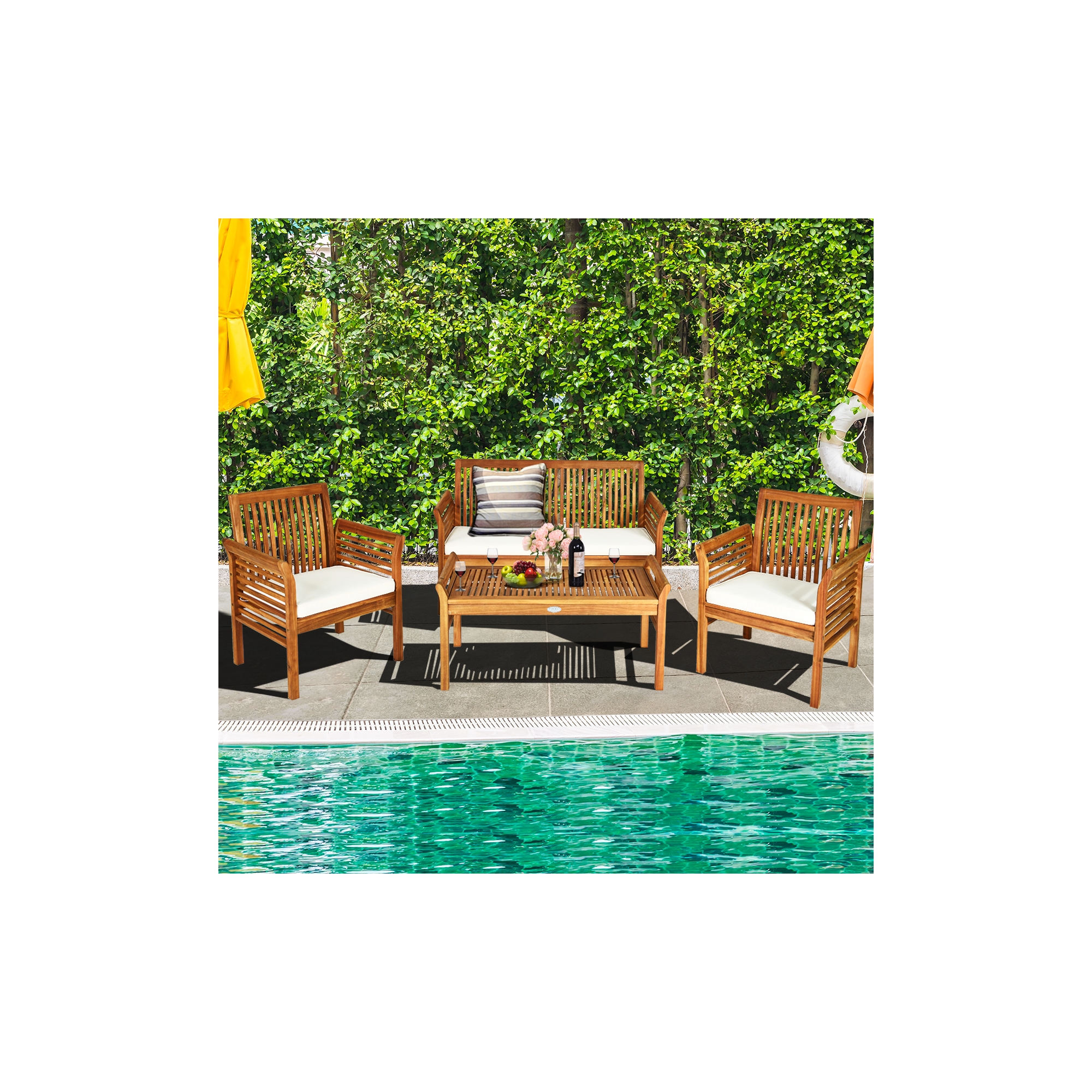 Costway 4 PCS Outdoor Acacia Wood Sofa Furniture Set Cushioned Chair Coffee Table Garden