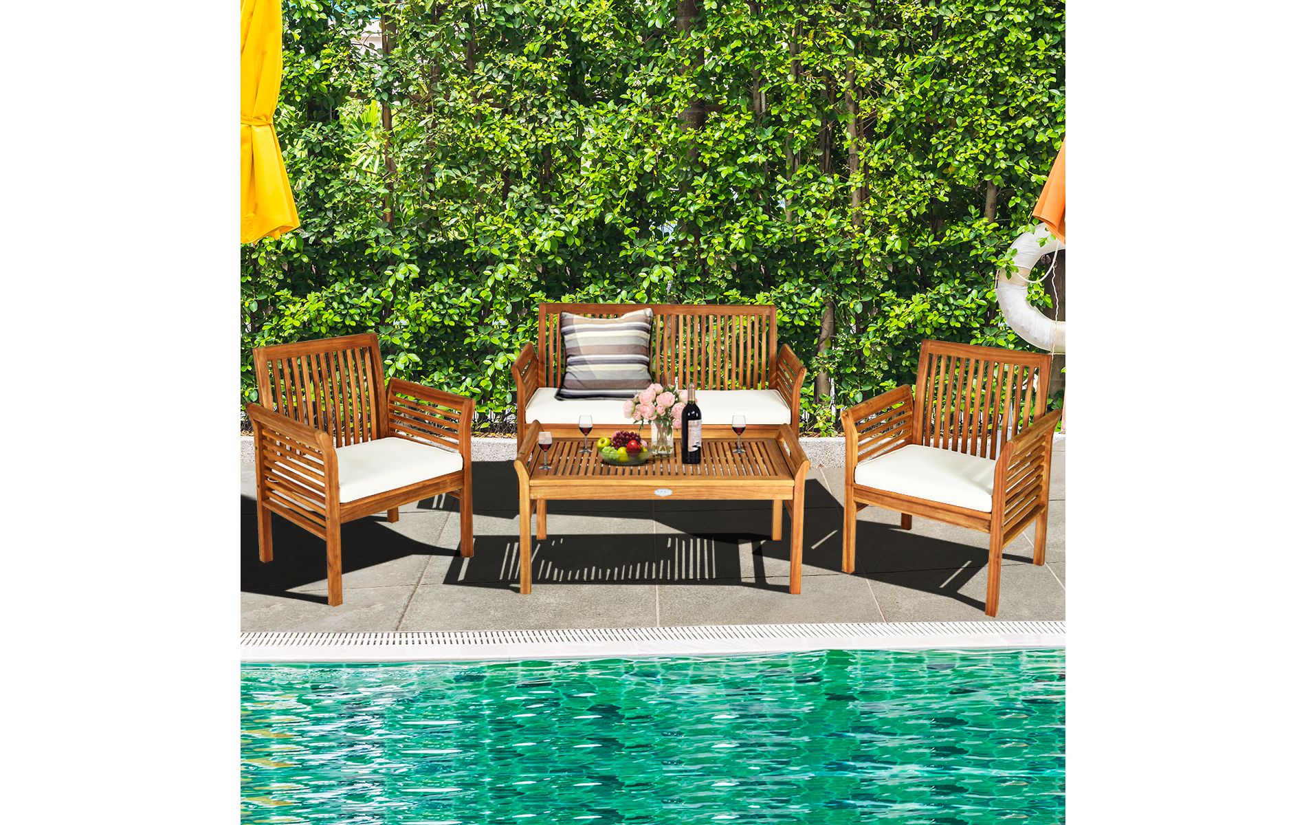 Costway 4 PCS Outdoor Acacia Wood Sofa Furniture Set Cushioned Chair Coffee Table Garden