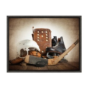 18" x 24" Sylvie Hockey Gear Framed Canvas by Shawn St. Peter Gray - DesignOvation: Vintage Sports Art, Wall Display - 1 of 4