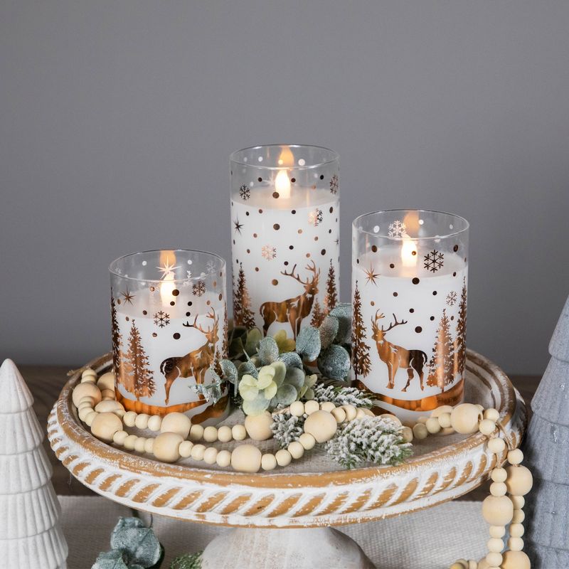 Northlight Set of 3 Woodland Flameless Flickering LED Christmas Glass Pillar Candles 6", 3 of 8
