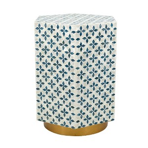 HDZNVF 15x13x18.5 inch Hexagonal Accent Table with Blue Design and Gold Base - 1 of 4