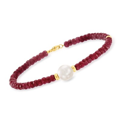 Ross-Simons 26.00 ct. t.w. Ruby Bead Bracelet With 10mm Cultured Pearl in 14kt Yellow Gold