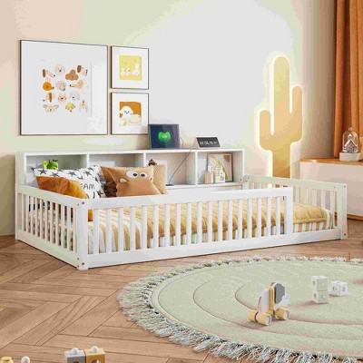XIYUYEU Twin XL Size Wood Montessori Bed with 3 Built-in Storage Cabinets and Guardrail,Modern Floor Bed with USB Ports for Bedroom,White