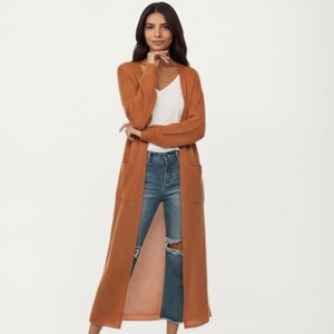 Anna-Kaci Women's Open Front Long Knit Cardigan with Pockets and Ribbed Trim Design - 1 of 4