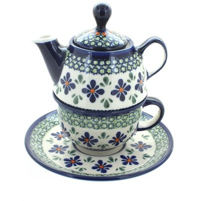 Blue Rose Polish Pottery Mosaic Flower Individual Teapot & Cup