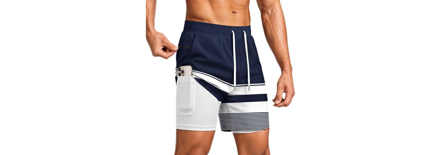 Мужские шорты Ekouaer 7" Swim Trunks Swimwear Zip Pockets Beach Board Shorts Bathing Suits with Mesh Lining Z Stripes Navy White M, цвет: Тёмно-синий — фото 1