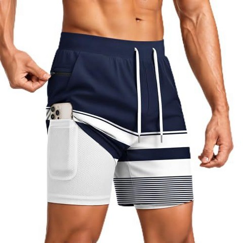 Мужские шорты Ekouaer 7" Swim Trunks Swimwear Zip Pockets Beach Board Shorts Bathing Suits with Mesh Lining Z Stripes Navy White M, цвет: Тёмно-синий
