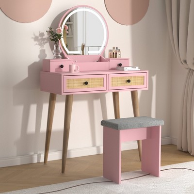 Brafab Natural Rattan Vanity Desk Set with Lighted Mirror and Cushioned Stool, Modern Compact Design Makeup Table Cute Dressing Table