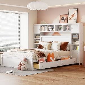 Queen Size Wooden Bed with All-in-One Cabinet, Shelf and Sockets - 1 of 4