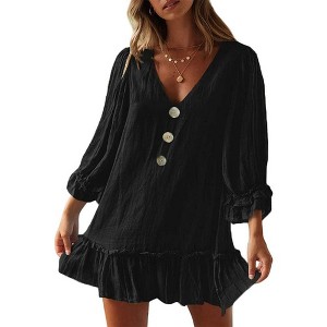 Womens Ruffle Peasant Dress V Neck 3/4 Sleeve Front Button Flowy Dress Beach Sundress Linen A Line Summer Mini Dress Babydoll Dress - 1 of 4