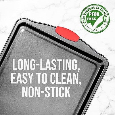 Large Black Nonstick Carbon Steel Cookie Sheet with Red Silicone Handles