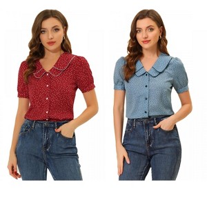 INSPIRE CHIC Women's Vintage Polka Dots Peter Pan Collar Puff Short Sleeve Shirt 2 Packs - 1 of 4