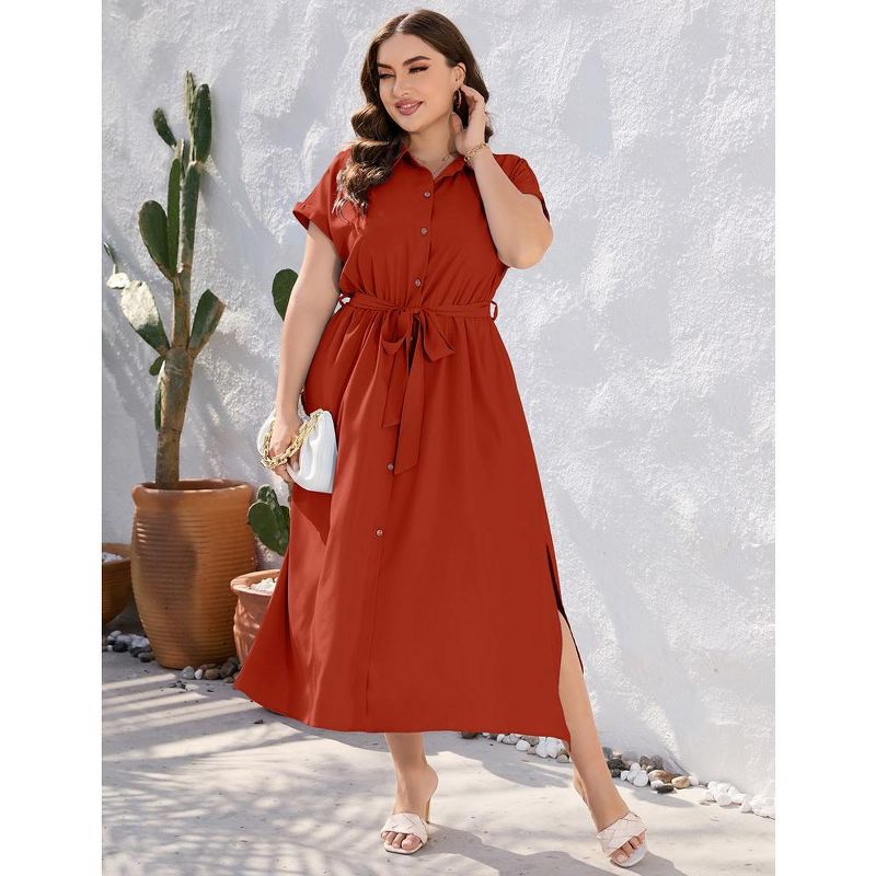Plus Size Maxi Dresses for Women Summer Tie Belt Work Polo Dress Business Casual Button Down Dress, 3 of 7