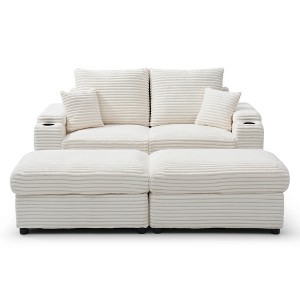 VYNXARIA Loveseat with Ottomans,Corduroy Fabric Modular Sectional Sofa,Comfy Deep Plush Couch with Ottomans and Two Pillows,Beige - 1 of 4