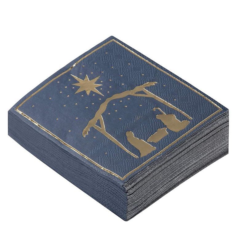 Juvale 50-Pack Blue Christmas Nativity of Jesus in Gold Foil Disposable Paper Cocktail Party Napkins, 4 of 8