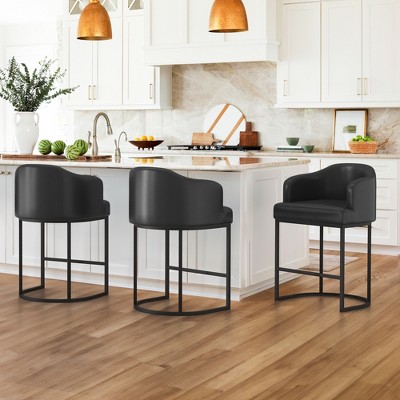 Arceso 3pcs Counter Height Bar Stools, Modern Counter Stools Upholstered Barstools, with Curved Backrest and Arms, Black