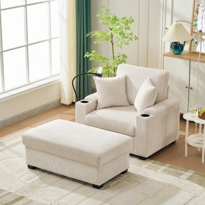 TIRAMISUBEST 55" Oversized Chaise Lounge Chair with Ottoman and Storage, with Cup Holder,Mobile Phone Stand&USB Charging Port, Beige