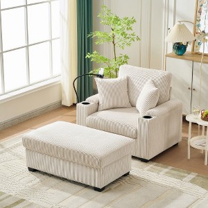 TIRAMISUBEST 55" Oversized Chaise Lounge Chair with Ottoman and Storage, with Cup Holder,Mobile Phone Stand&USB Charging Port, Beige - 1 of 4