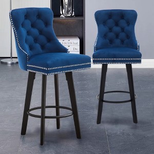 Gulches Set of 2 Navy Blue Velvet Bar Stools Modern Swivel Button Tufted Rivet Trim Large Backrest Sturdy Footrest 250 Lbs Capacity - 1 of 4