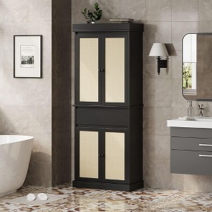 GustoWave Bathroom Pantry Cabinet, Tall Storage Cabinet with Rattan Doors and Adjustable Shelves, Freestanding Cupboard with Drawer for Kitchen, Black - 1 of 4