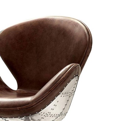 Retro Brown Leather and Metal Swivel Accent Chair