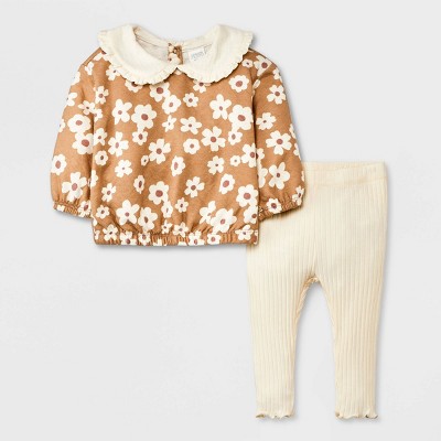 Grayson Collective Baby Girls' 2pc Pullover & Leggings Set - Brown/Cream 6-9M