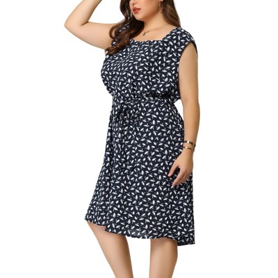 Agnes Orinda Women's Plus Size Self Tie Waist Sleeveless Date Floral Midi A Line Dresses