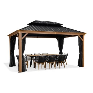 PURPLE LEAF Outdoor Hardtop Gazebo for Patio Galvanized Steel Double Roof Permanent Canopy Teak Finish Aluminum Frame Pavilion Gazebo with Netting - 1 of 4