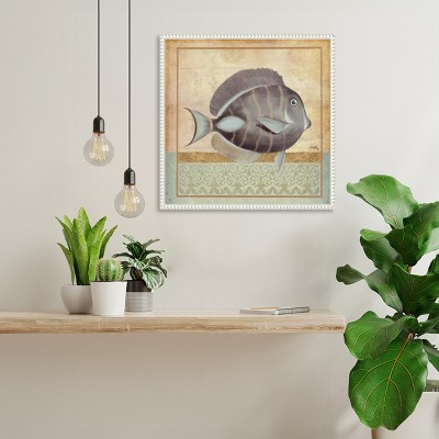Vintage Fish II Coastal Canvas Wall Art with White Beaded Frame