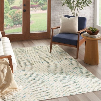 Artisanal Chevron Ivory & Green Hand-Tufted Wool Rug 5' x 7'
