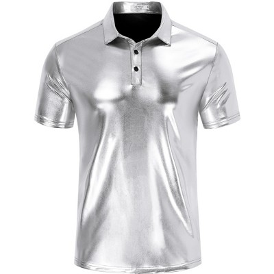 Men's 70s Disco Shirts Shiny Sequins Short Sleeve Party Shirt Slim Fit Nightclub Costume Tops