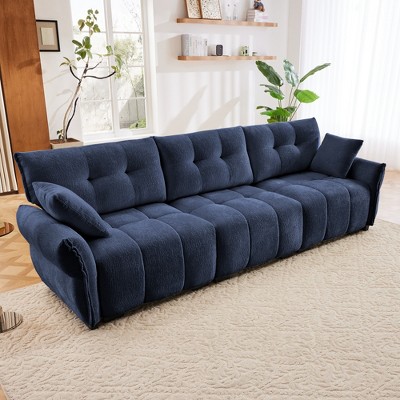 DOMETOUR 3-Seater Sofa Set with 2 Ottomans & Pillows, Solid Wood Frame, Chenille Cover, High-Rebound Cushions, Blue, for Living Rooms