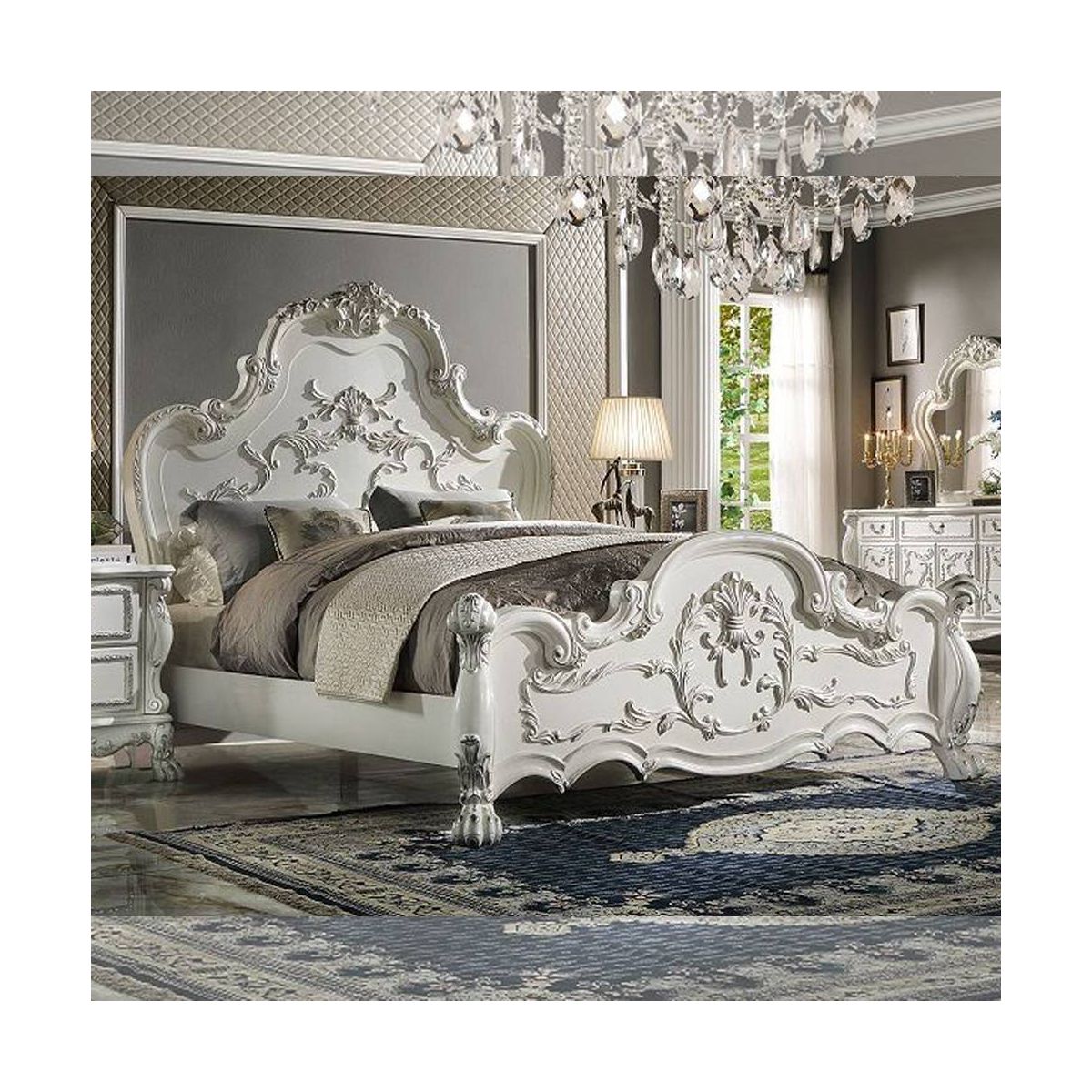 97"California King Bed Dresden Bed Bone White Finish - Acme Furniture: Traditional Design, Claw Feet, Faux Leather - thumbnail 7