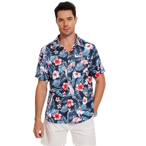 Hawaiian Floral Print Linen Button Down Shirt for Casual Beach Wear - 1 of 4