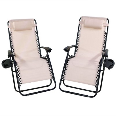 Sunnydaze Oversized Folding Outdoor XL Zero Gravity Lounge Chairs with Pillow and Cup Holder - Beige - 2-Pack