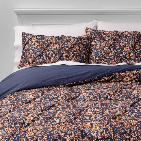 Full Queen Pinch Pleat Duvet Cover Sham Set Navy Floral