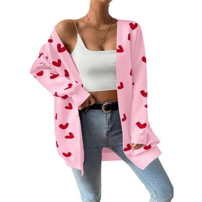 Coolmee Women's Fall Winter Long Sleeves Open Front Heart Print Knitted Sweater Cardigan Coat Outwear