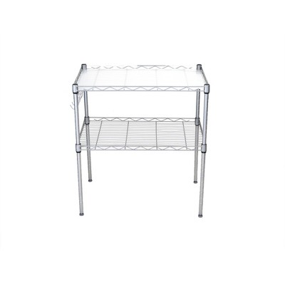 MIND READER 2-Tier Metal Rack Utility Shelf and Microwave Stand with Hooks on the Side (Silver)